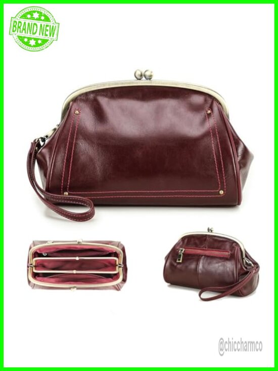 Handbags - Full Grain Leather Kiss Lock Clutch Purse Evening Bag